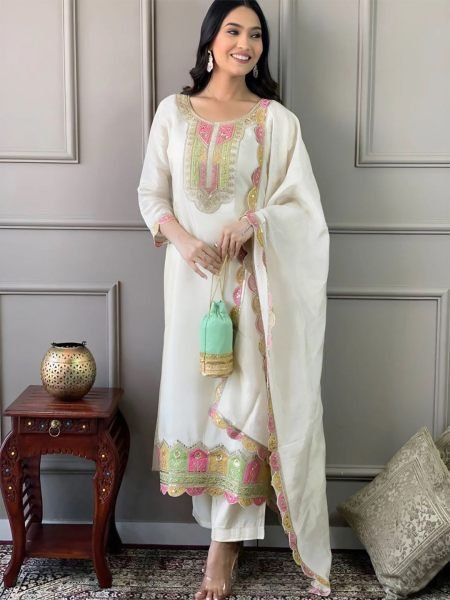 Trending Women Silk Embroidery Sequence White Kurta Set Kurta Sets
