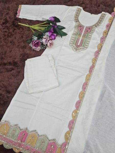 Trending Women Silk Embroidery Sequence White Kurta Set Kurta Sets