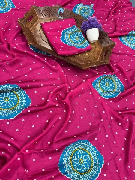 Trendy Chinnon Saree with Jaipuri Bandhani Print and Blouse Piece Saree