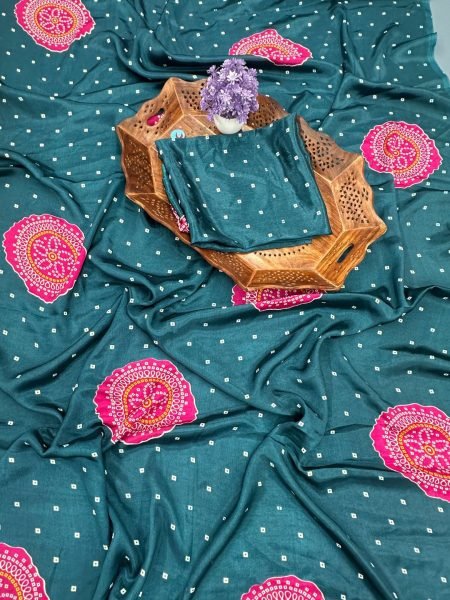 Trendy Chinnon Saree with Jaipuri Bandhani Print and Blouse Piece Daily Deals