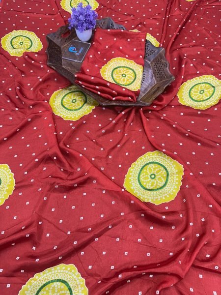 Trendy Chinnon Saree with Jaipuri Bandhani Print and Blouse Piece Daily Deals