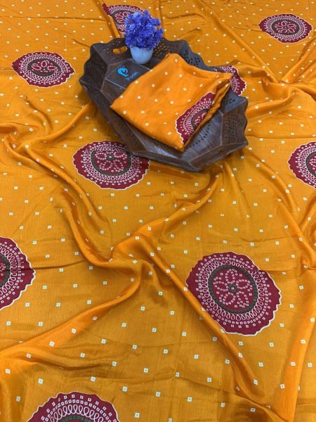 Trendy Chinnon Saree with Jaipuri Bandhani Print and Blouse Piece Daily Deals