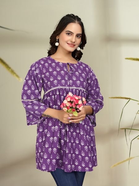 Trendy Floral Print Cotton Flare Purple Tunic Sale