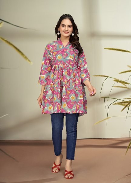 Trendy Floral Print Cotton Flare Rani Pink Tunic Kurtis & Tunics