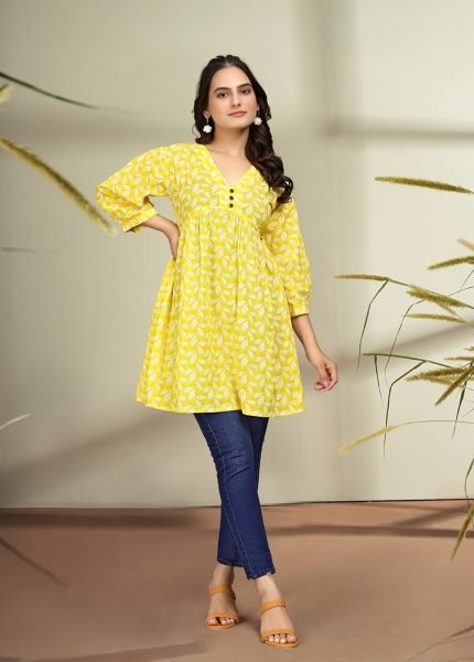 Trendy Floral Print Cotton Flare Yellow Tunic Kurtis & Tunics