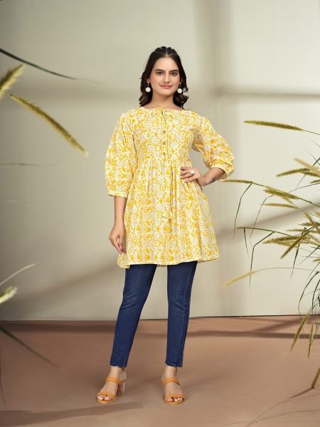 Trendy Floral Print Cotton Flare Orange Tunic Kurtis & Tunics