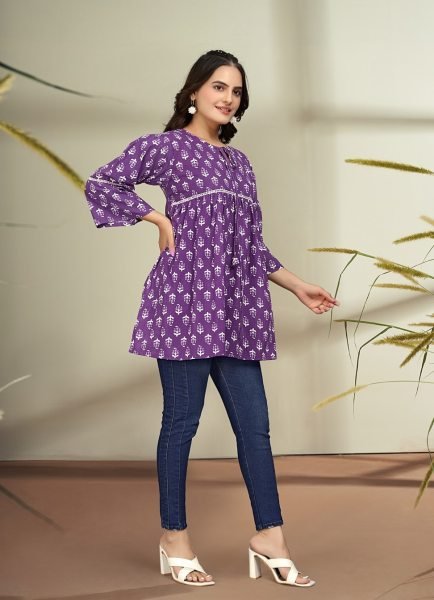 Trendy Floral Print Cotton Flare Purple Tunic Kurtis & Tunics