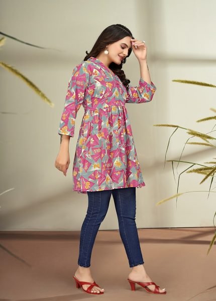 Trendy Floral Print Cotton Flare Rani Pink Tunic Kurtis & Tunics