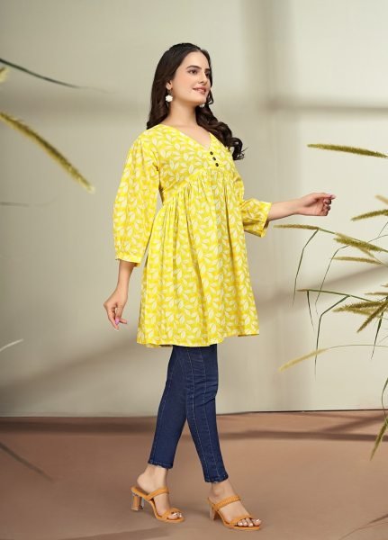 Trendy Floral Print Cotton Flare Yellow Tunic Kurtis & Tunics