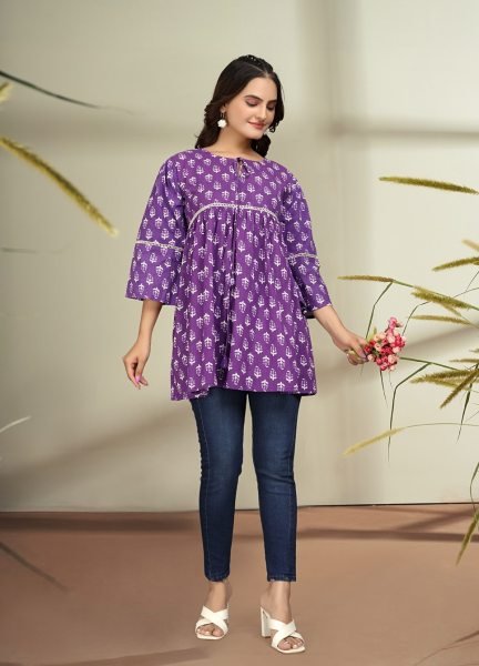 Trendy Floral Print Cotton Flare Purple Tunic Kurtis & Tunics