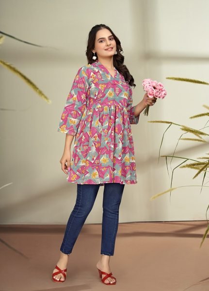 Trendy Floral Print Cotton Flare Rani Pink Tunic Kurtis & Tunics