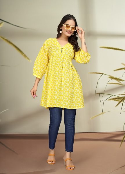 Trendy Floral Print Cotton Flare Yellow Tunic Kurtis & Tunics