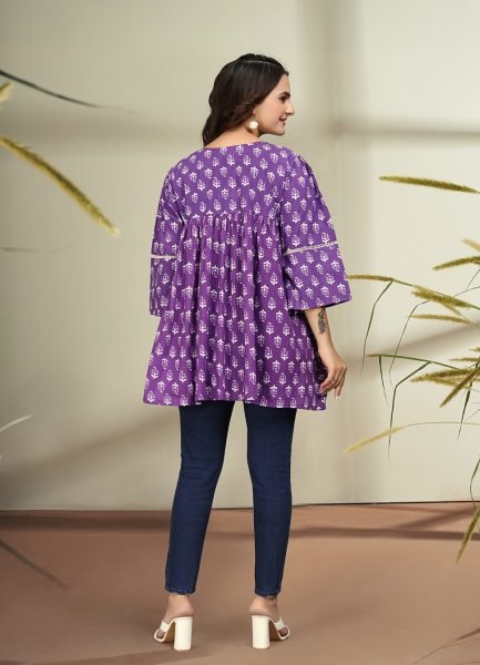 Trendy Floral Print Cotton Flare Purple Tunic Kurtis & Tunics