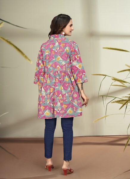 Trendy Floral Print Cotton Flare Rani Pink Tunic Kurtis & Tunics