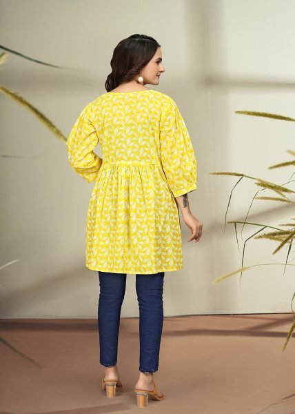 Trendy Floral Print Cotton Flare Yellow Tunic Kurtis & Tunics