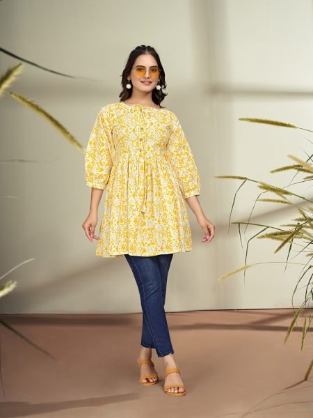 Trendy Floral Print Cotton Flare Orange Tunic Kurtis & Tunics