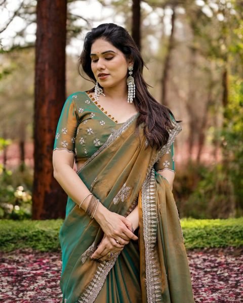 Two Tone Tussar Silk Saree in Gold   Rama Green with Thread Embroidered Leaf Motifs Daily Deals