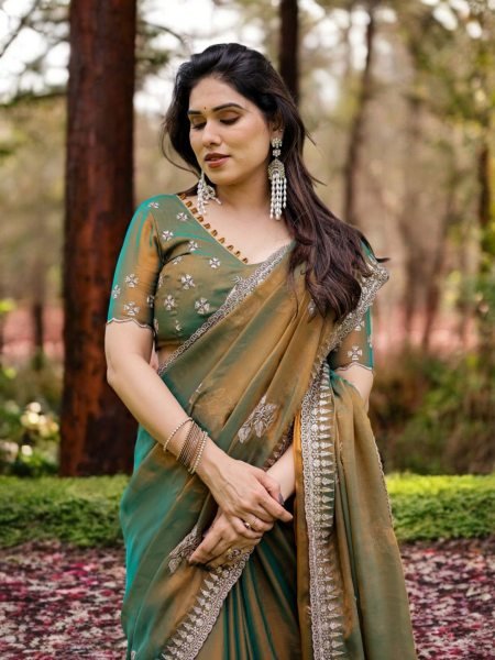 Two Tone Tussar Silk Saree in Gold   Rama Green with Thread Embroidered Leaf Motifs Daily Deals