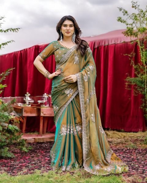 Two Tone Tussar Silk Saree in Gold   Rama Green with Thread Embroidered Leaf Motifs Designer Sarees