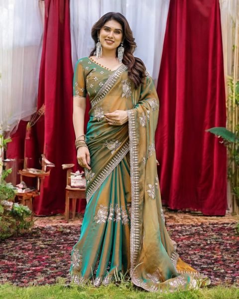 Two Tone Tussar Silk Saree in Gold   Rama Green with Thread Embroidered Leaf Motifs Designer Sarees
