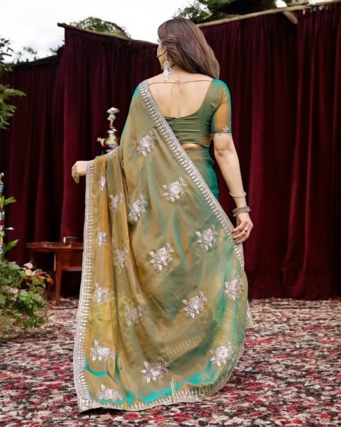 Two Tone Tussar Silk Saree in Gold   Rama Green with Thread Embroidered Leaf Motifs Designer Sarees