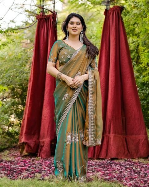 Two Tone Tussar Silk Saree in Gold   Rama Green with Thread Embroidered Leaf Motifs Designer Sarees