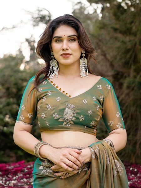 Two Tone Tussar Silk Saree in Gold   Rama Green with Thread Embroidered Leaf Motifs Designer Sarees