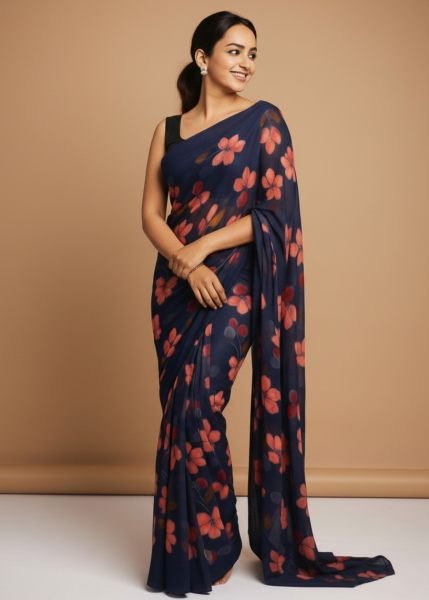 Vibrant Floral Print Georgette Ready to Wear Saree Ready To Wear Sarees
