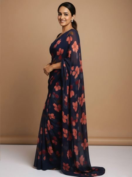 Vibrant Floral Print Georgette Ready to Wear Saree Ready To Wear Sarees