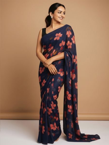 Vibrant Floral Print Georgette Ready to Wear Saree Ready To Wear Sarees