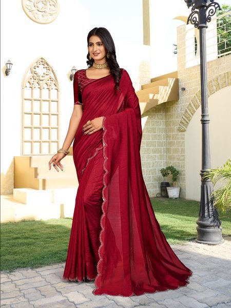 Vichitra Silk Diamond Swarkoshi Work Maroon Saree Sale