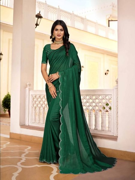 Vichitra Silk Diamond Swarkoshi Work Green Saree Sale