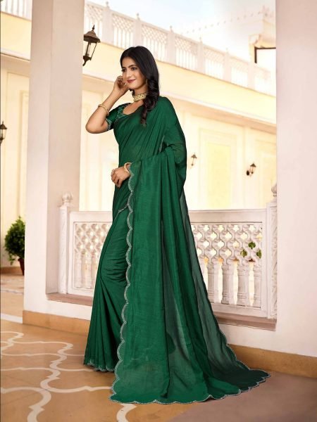 Vichitra Silk Diamond Swarkoshi Work Green Saree Designer Sarees