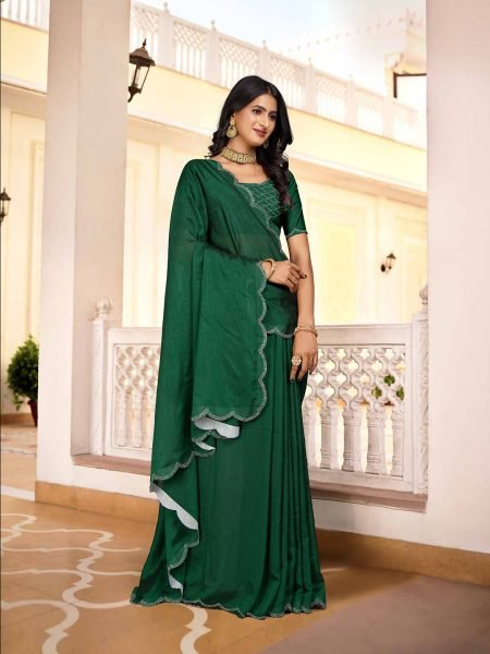 Vichitra Silk Diamond Swarkoshi Work Green Saree Designer Sarees