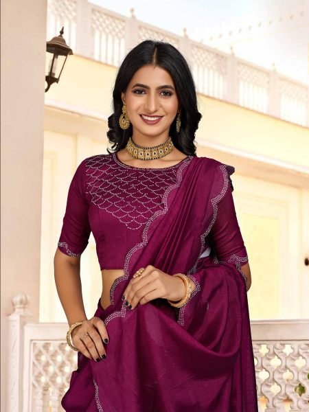 Vichitra Silk Diamond Swarkoshi Work Wine Saree Designer Sarees
