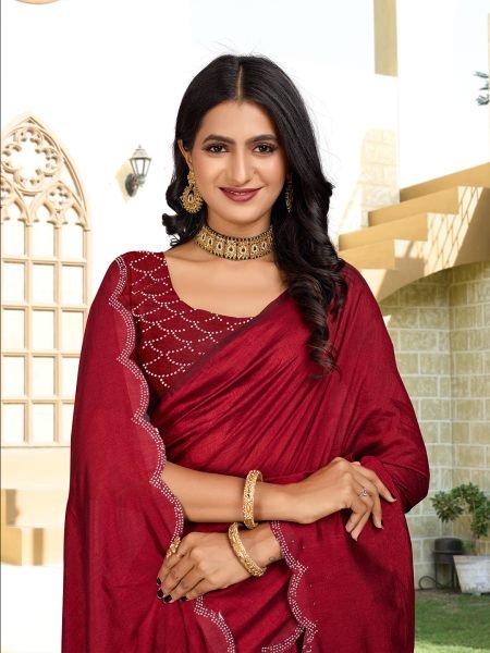 Vichitra Silk Diamond Swarkoshi Work Maroon Saree Designer Sarees