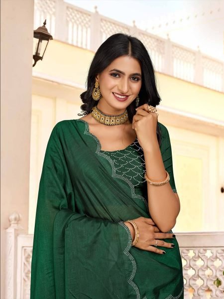 Vichitra Silk Diamond Swarkoshi Work Green Saree Designer Sarees