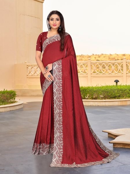 Vichitra Silk Embroidered Diamond Work Maroon Saree Sale