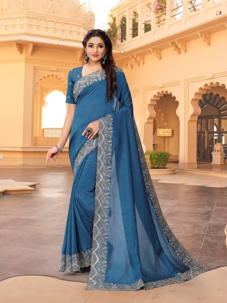 Vichitra Silk Embroidered Diamond Work Rama Saree Sale