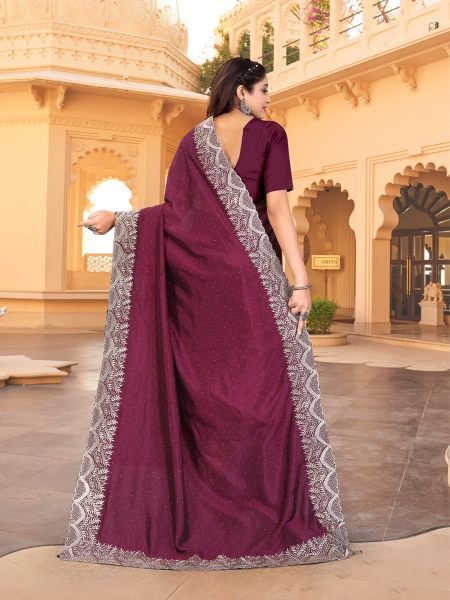 Vichitra Silk Embroidered Diamond Work Wine Saree Designer Sarees