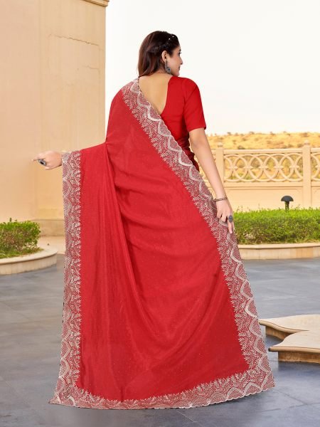 Vichitra Silk Embroidered Diamond Work Red Saree Designer Sarees