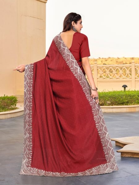 Vichitra Silk Embroidered Diamond Work Maroon Saree Designer Sarees