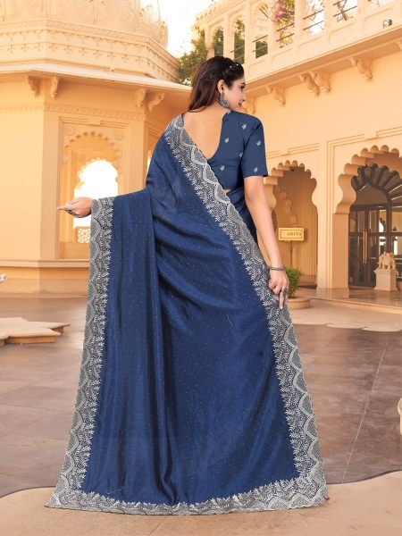 Vichitra Silk Embroidered Diamond Work Navy Blue Saree Designer Sarees
