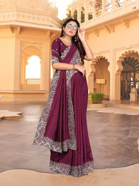 Vichitra Silk Embroidered Diamond Work Wine Saree Designer Sarees