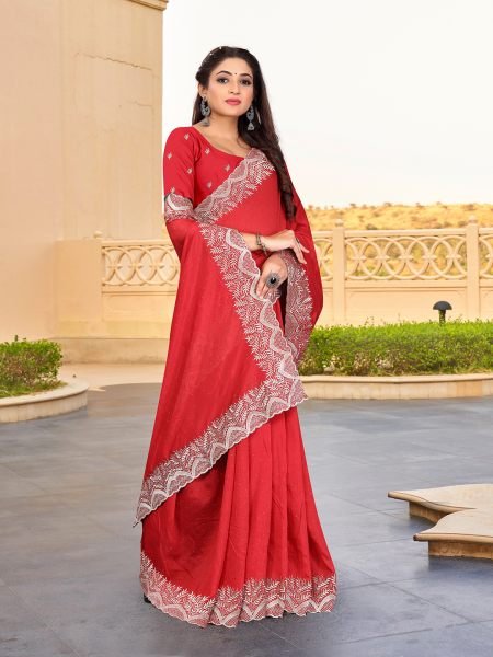 Vichitra Silk Embroidered Diamond Work Red Saree Designer Sarees