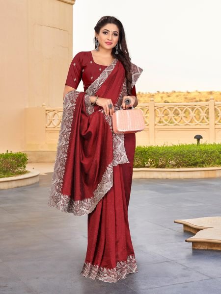 Vichitra Silk Embroidered Diamond Work Maroon Saree Designer Sarees