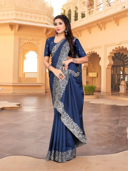 Vichitra Silk Embroidered Diamond Work Navy Blue Saree Designer Sarees