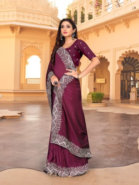 Vichitra Silk Embroidered Diamond Work Wine Saree Designer Sarees