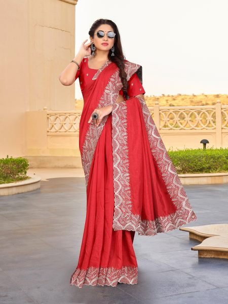 Vichitra Silk Embroidered Diamond Work Red Saree Designer Sarees