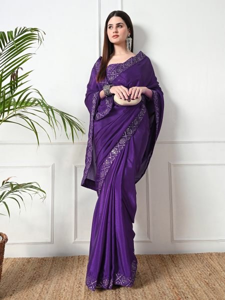 Violet Chic Party Wear A Modern Chinon Solid Saree with an Embroidered Lace Border 